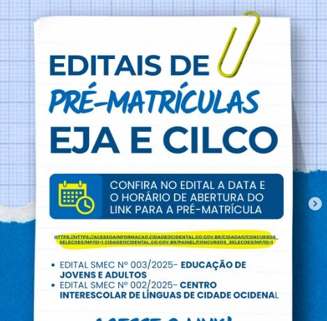 Cidade Ocidental abre pré-matrículas para EJA e Centro Interescolar de Línguas