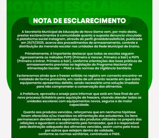 Secretaria de Educação de Novo Gama reforça compromisso com a segurança alimentar na merenda escolar