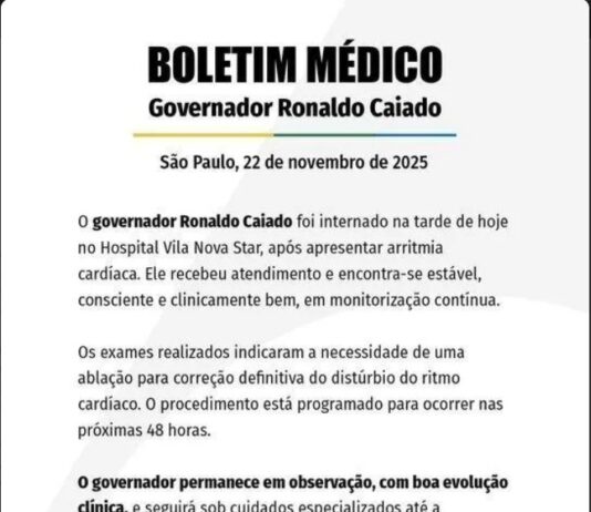 Governador Ronaldo Caiado é internado em São Paulo após diagnóstico de arritmia cardíaca
