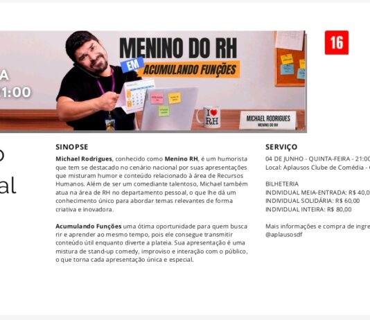 O riso corporativo corporificado no palco: Fenômeno nacional Michael Rodrigues apresenta sátira sobre o mercado de trabalho no Distrito Federal