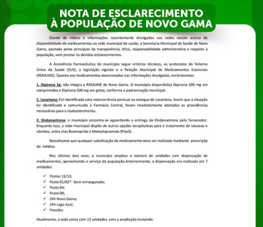 Saúde em foco: Secretaria de saúde do Novo Gama esclarece situação dos medicamentos na rede