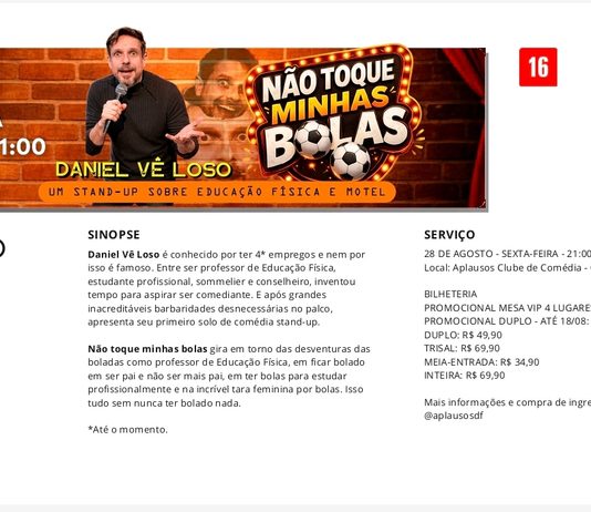 Do placar ao palco: Daniel Vê Loso traz seu solo de humor ácido e irreverente ao Guará